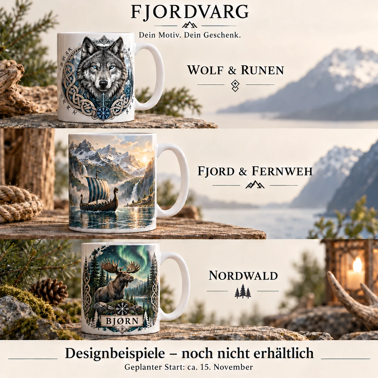 Digitale Tassenentwürfe: Wolf und Runen, Wikingerschiff im Fjord und Elch im Nordwald mit Beispielname Bjørn. Noch nicht erhältlich.